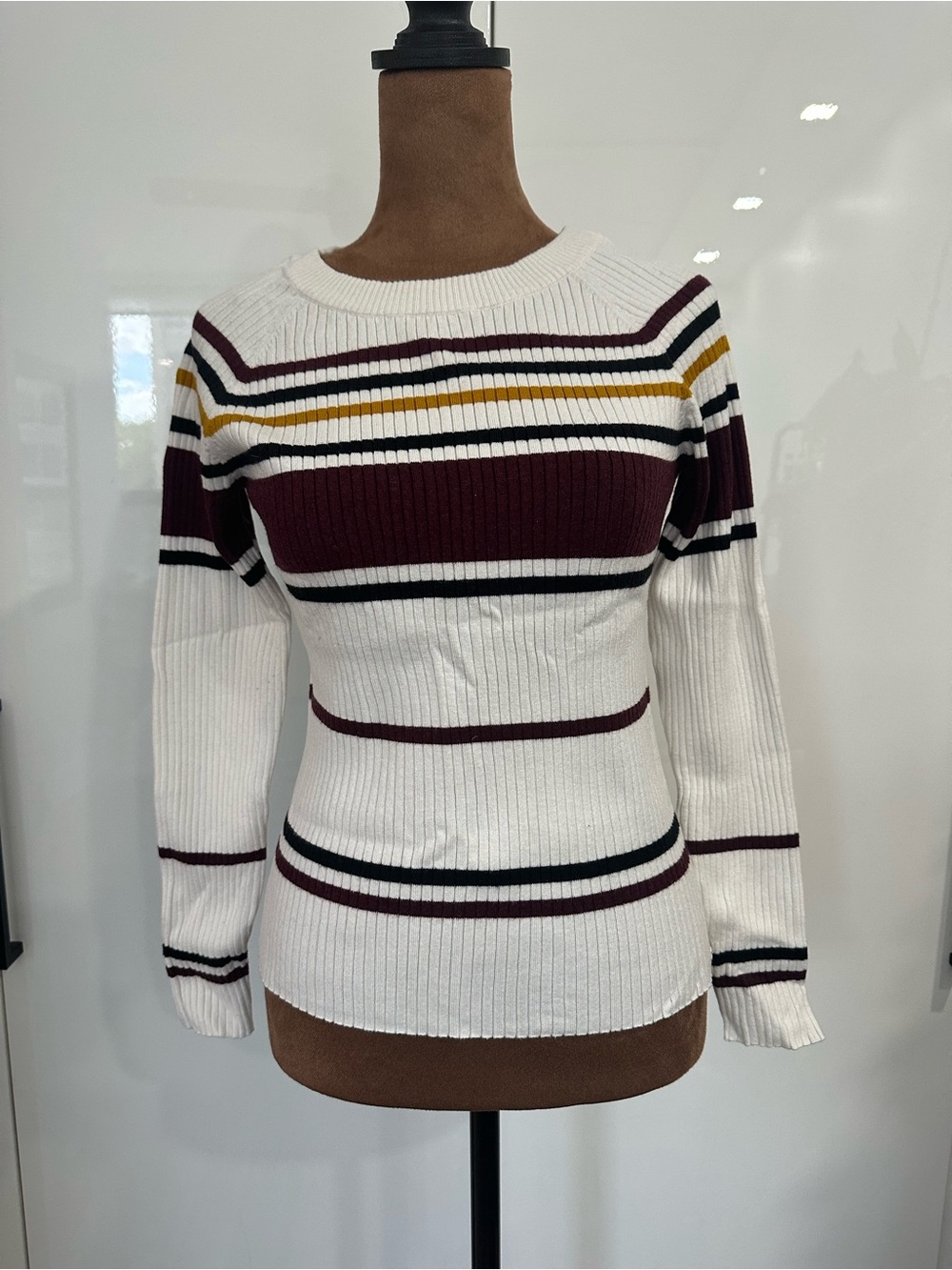 Fashion Nova White Ribbed Sweater with Maroon & Black Stripes
